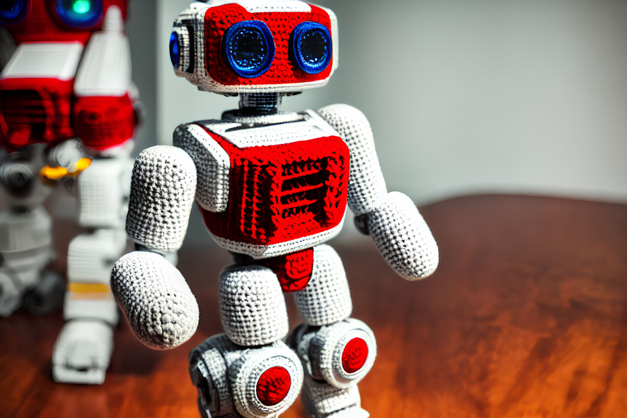 Vintage Red and White Robot Toy with Blue Eyes on Wooden Surface