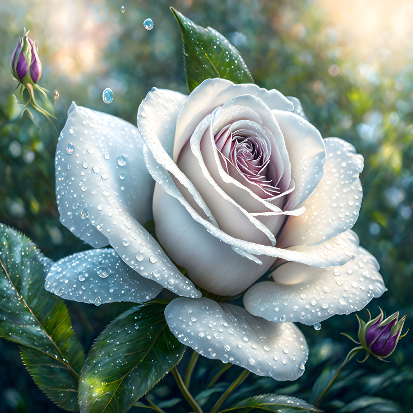 White Rose with Dewdrops on Petals and Green Leaves in Soft-focus Background