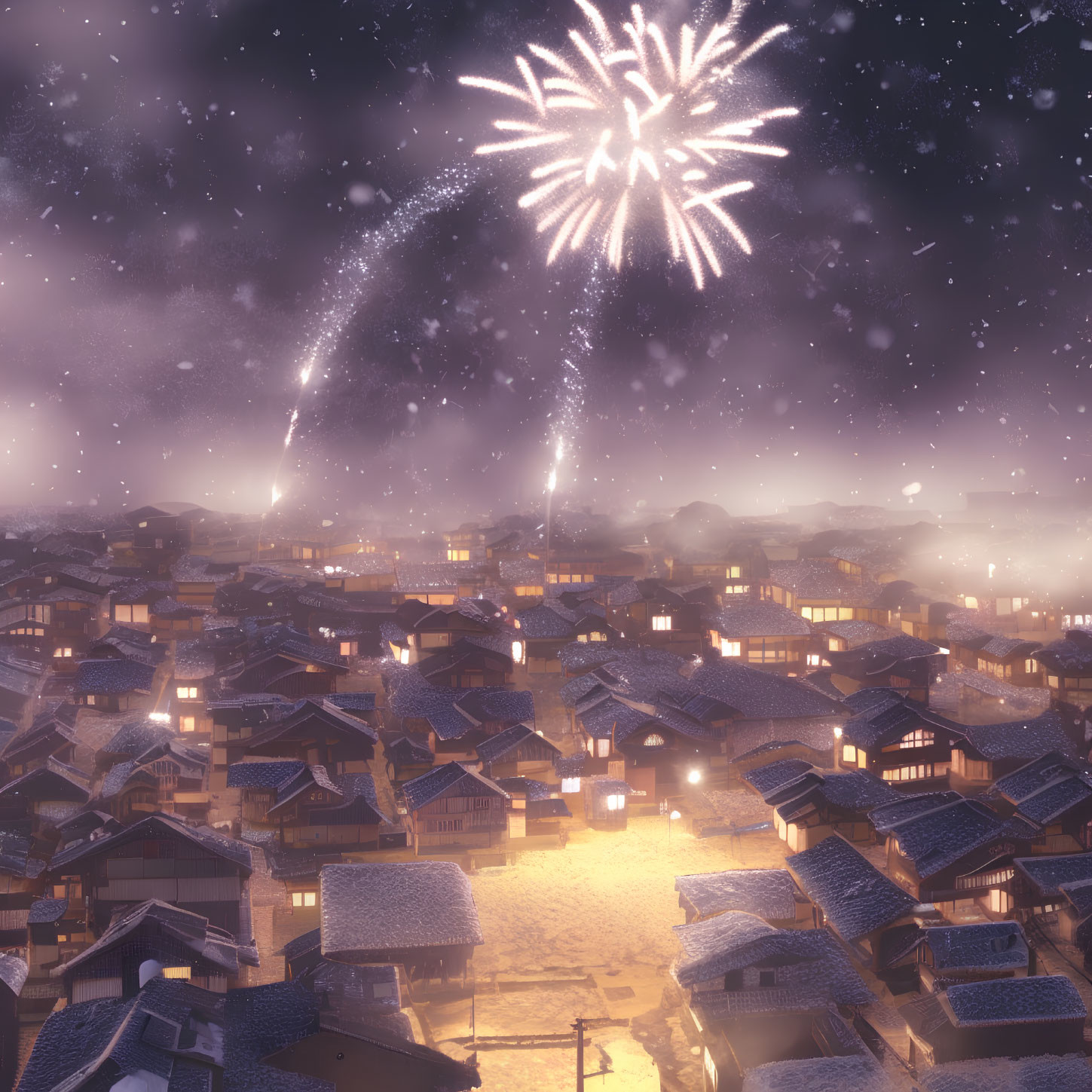 Traditional houses lit by warm street lights in old village at night with fireworks display