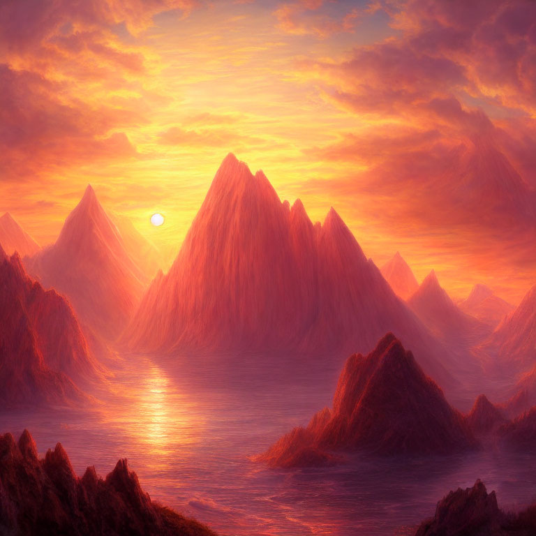 Vibrant orange and red surreal mountain landscape at sunrise or sunset