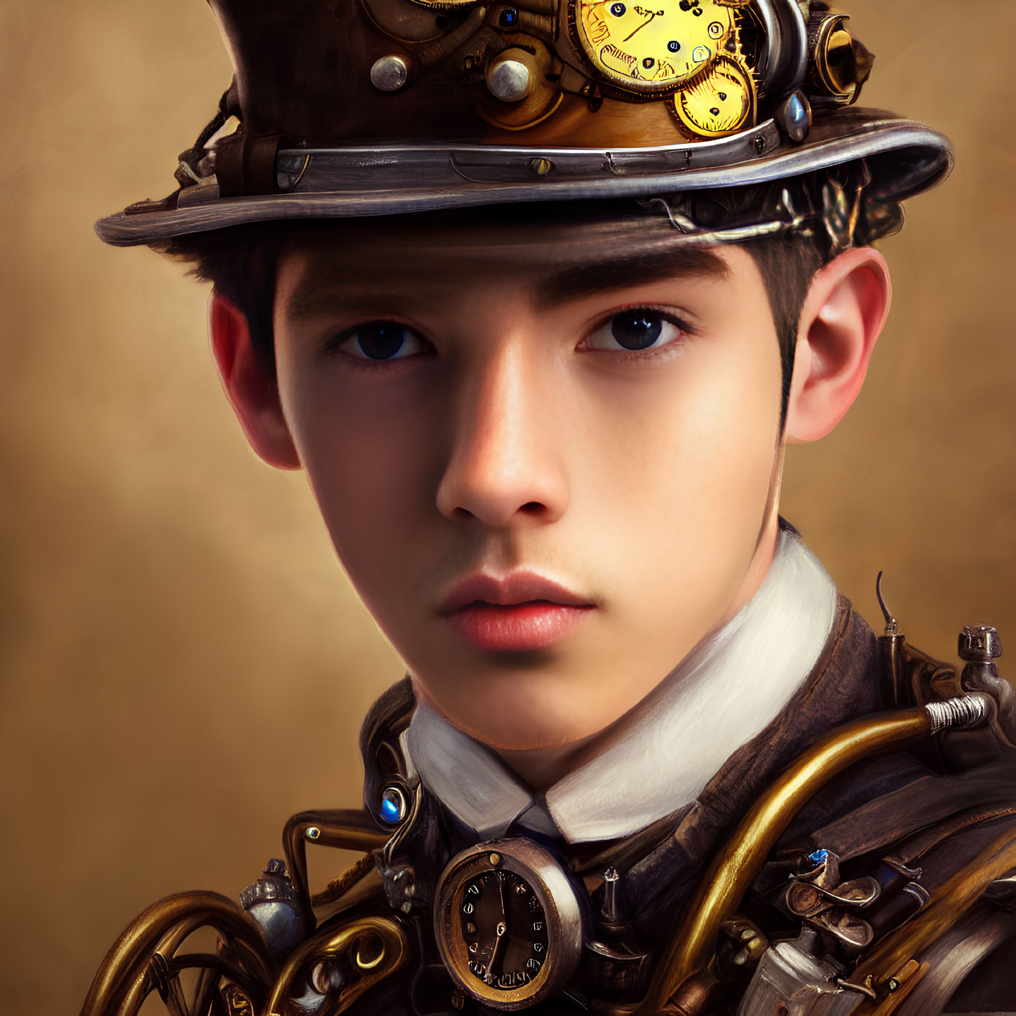 Steampunk-themed young person in Victorian attire with mechanical accessories.