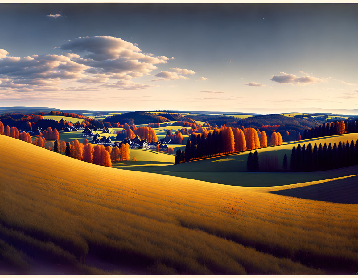 Golden fields and lush green trees under a dusk sky with a small settlement in the valley