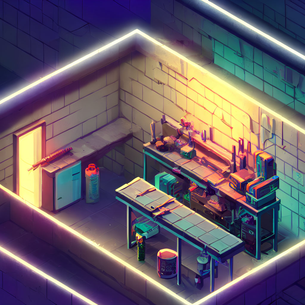 Neon-lit futuristic workshop corner with cluttered workbench and tools