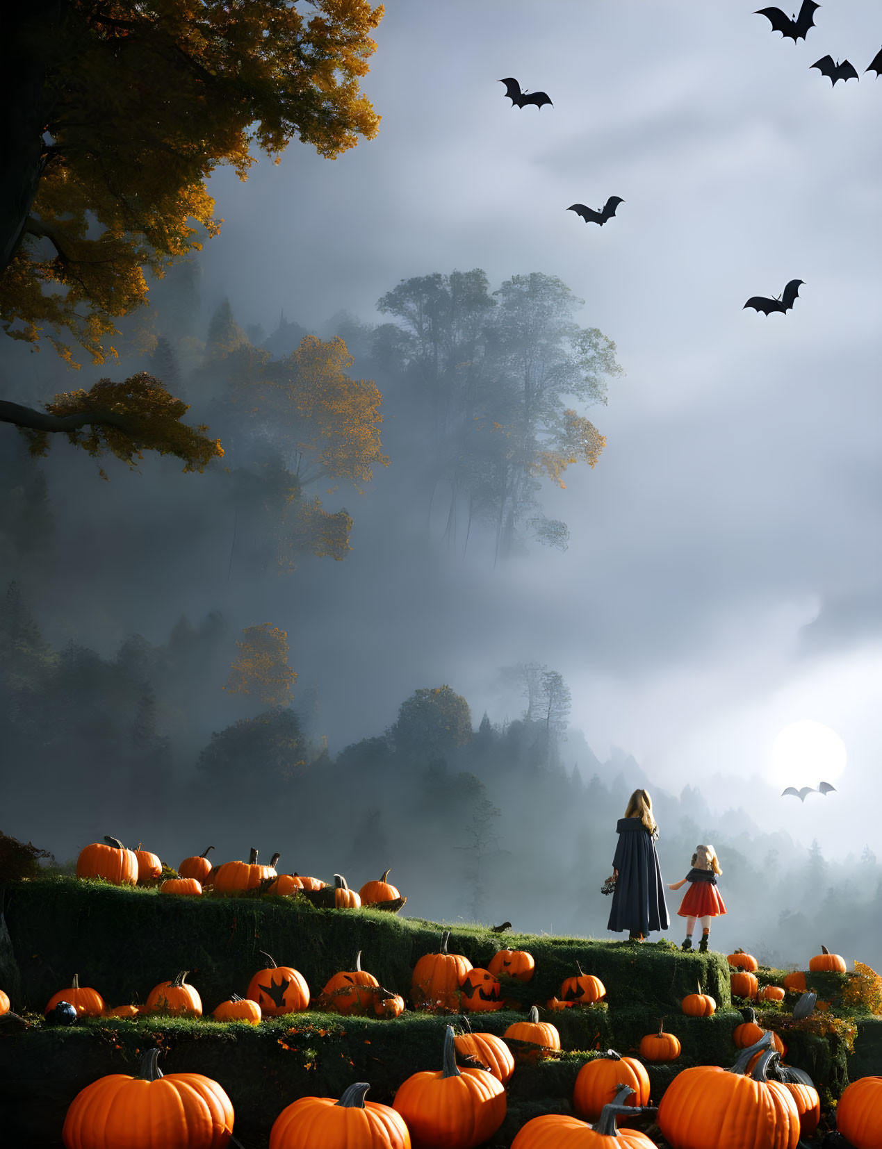 Two people in pumpkin patch at sunset with misty forest and bats