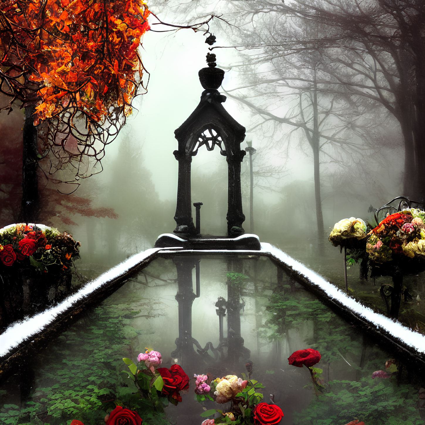 Gothic fountain with ornate details in misty forest setting