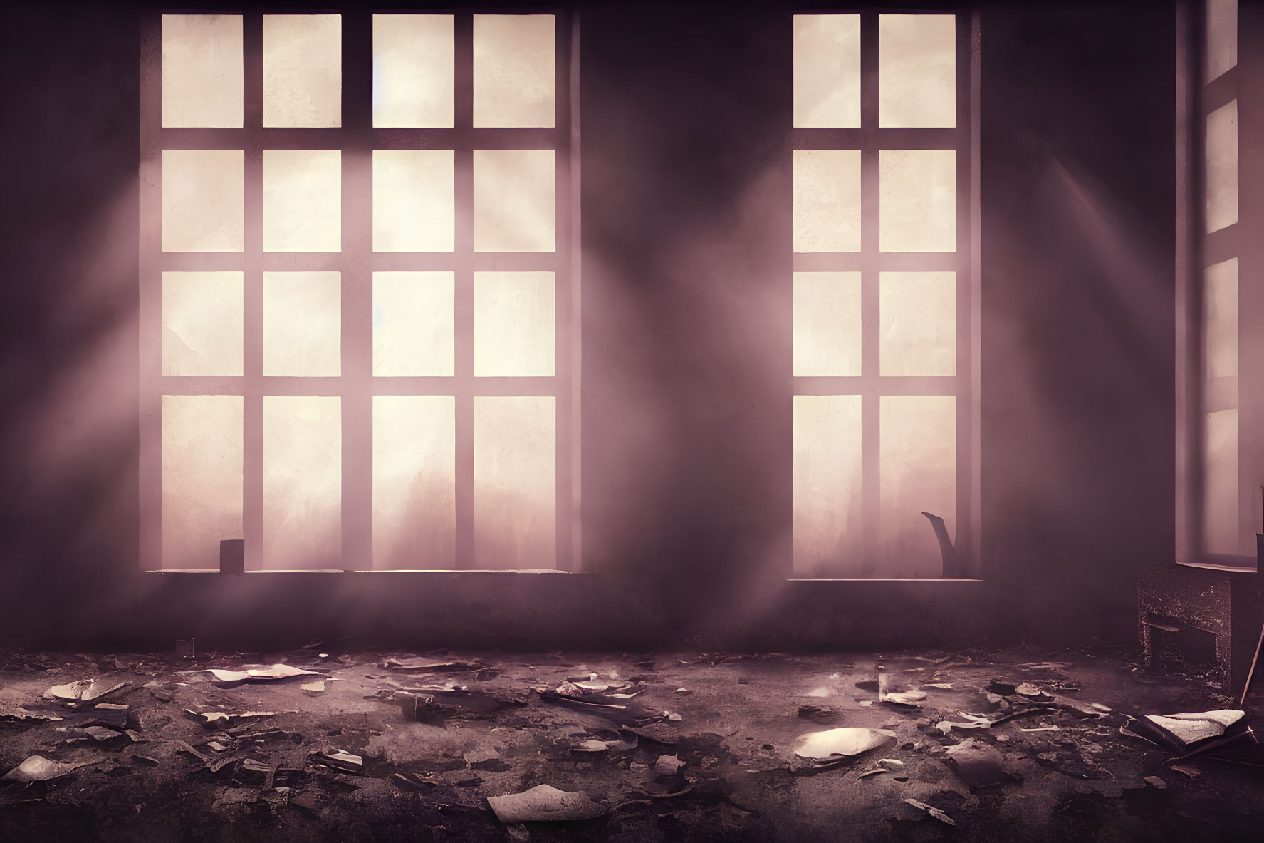 Desolate room with two large windows and scattered debris