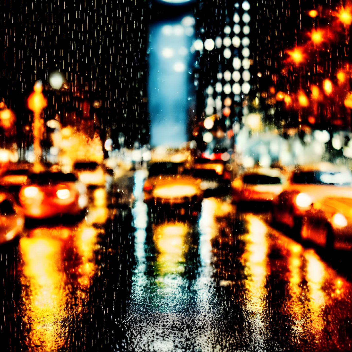 Urban night scene with rain, city lights, blurred cars, and bokeh effect