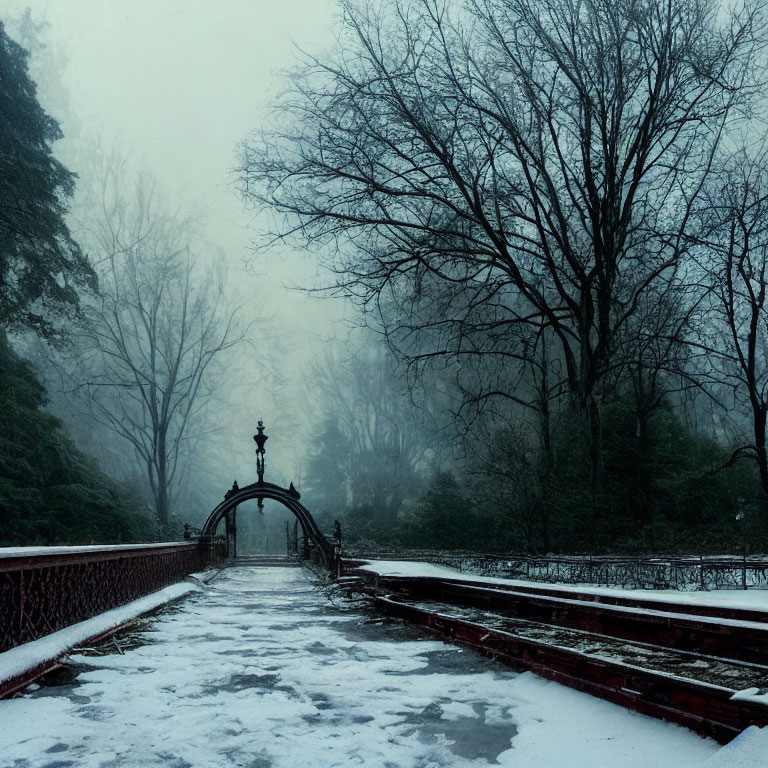 Snowy Path Leading to Bridge on Foggy Day with Bare Trees