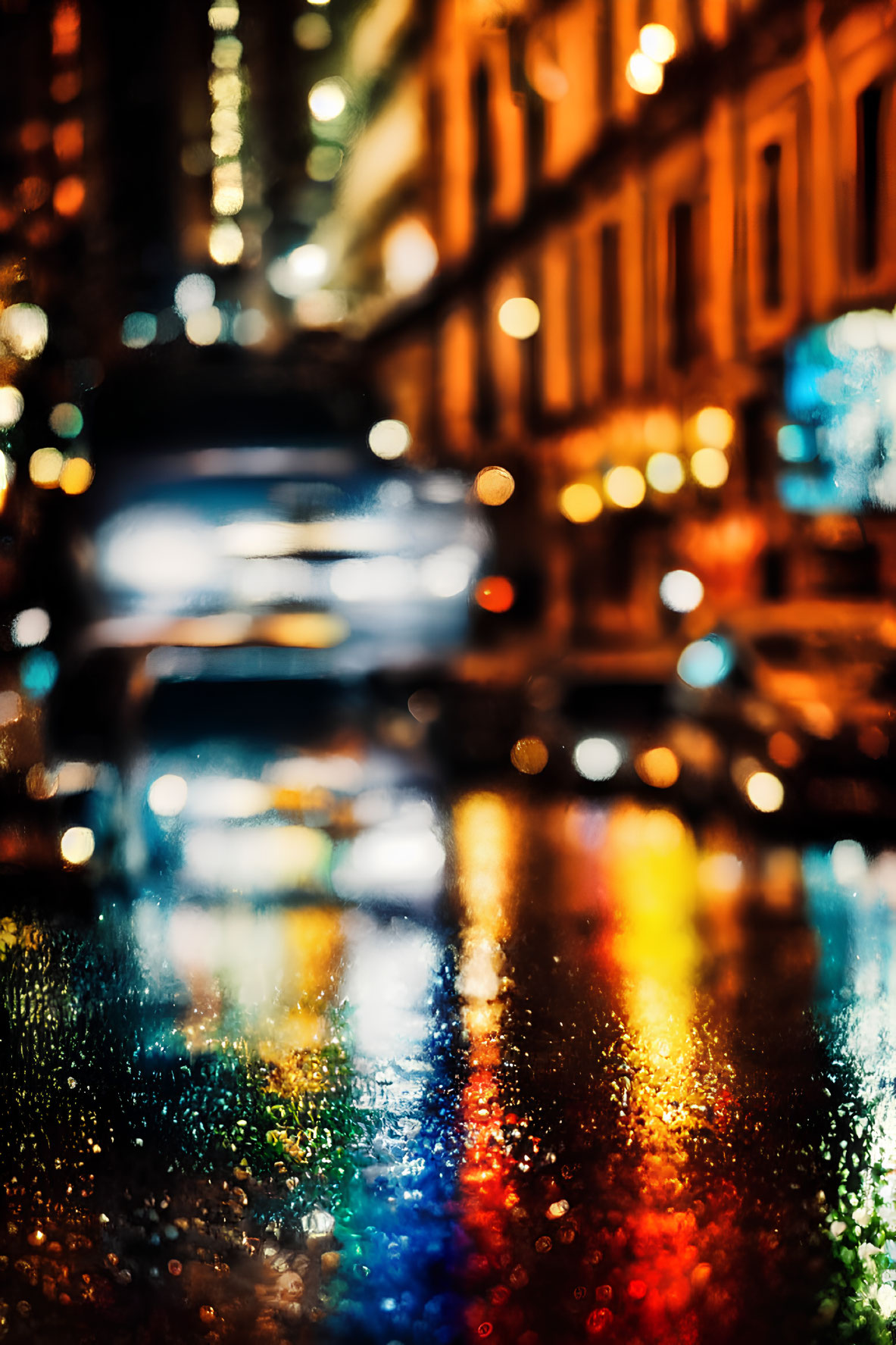 Colorful Bokeh Effect on Rainy Night City Street