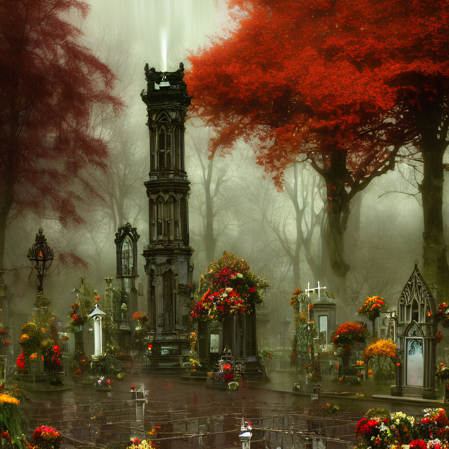 Vibrant red and orange foliage in mystical cemetery scene