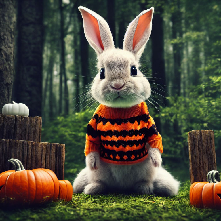 Cartoon Rabbit in Black and Orange Sweater Among Pumpkins in Forest