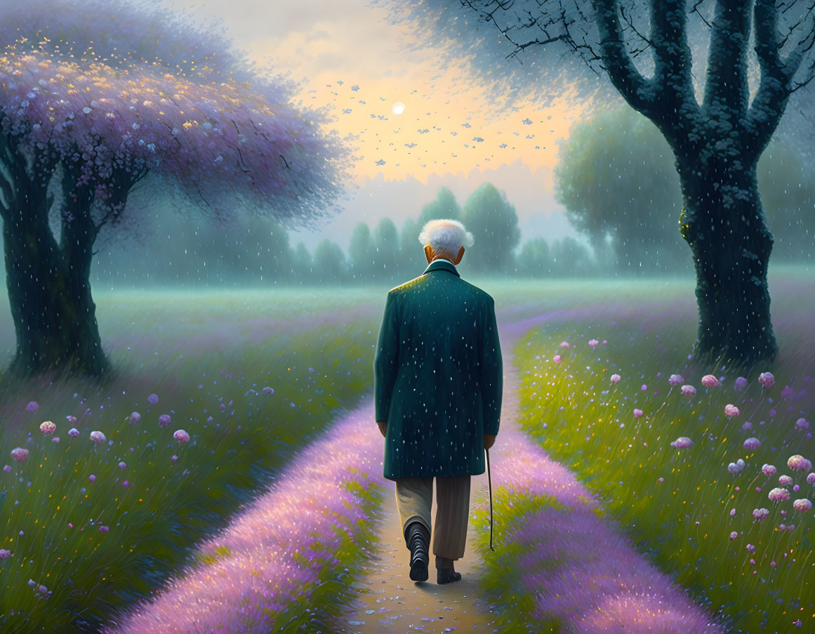 Elderly person with cane strolling on scenic path at sunset