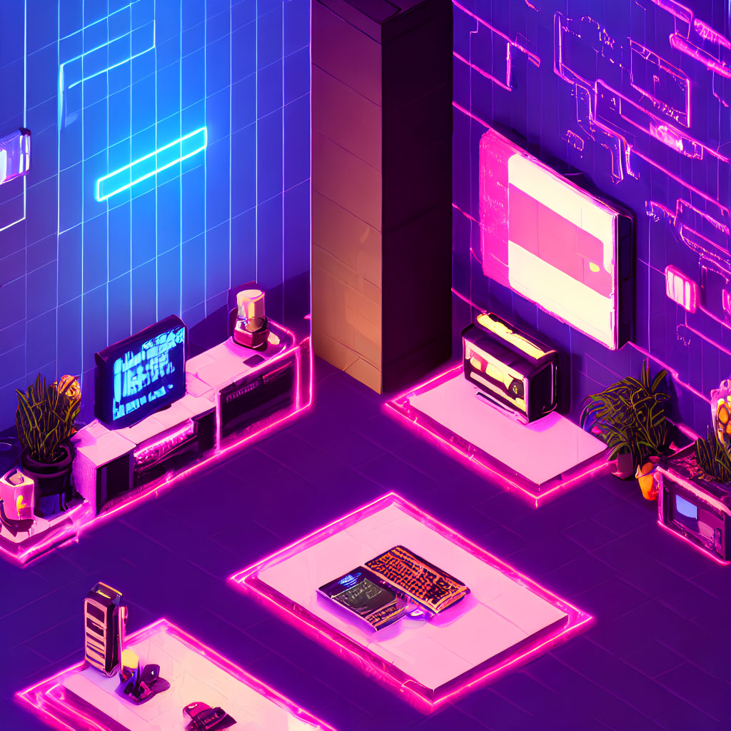 Vibrant Neon-lit Retro-Futuristic Room with Cyberpunk Aesthetic