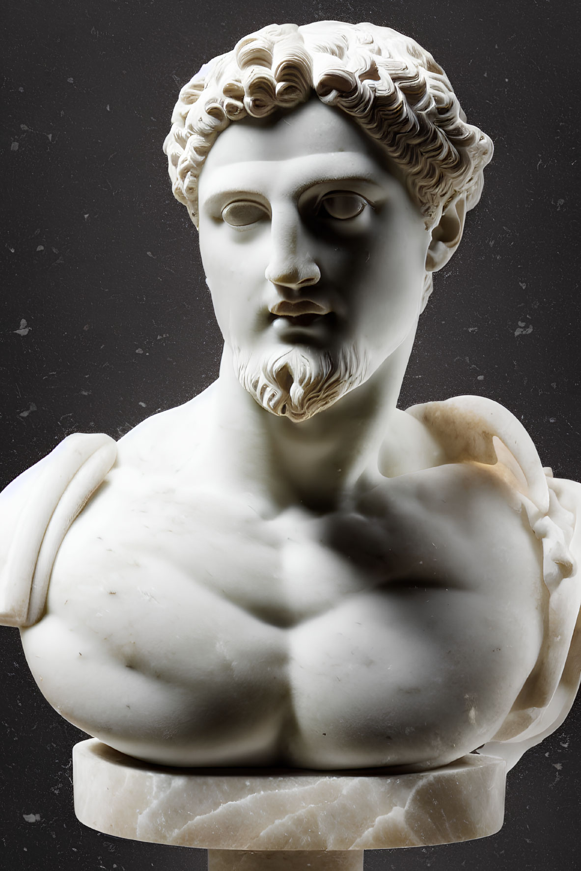 Classical white marble bust with curly hair and muscular torso on dark background