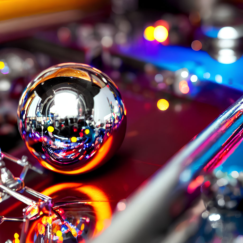 Colorful Pinball Machine with Shiny Ball & Vibrant Lights