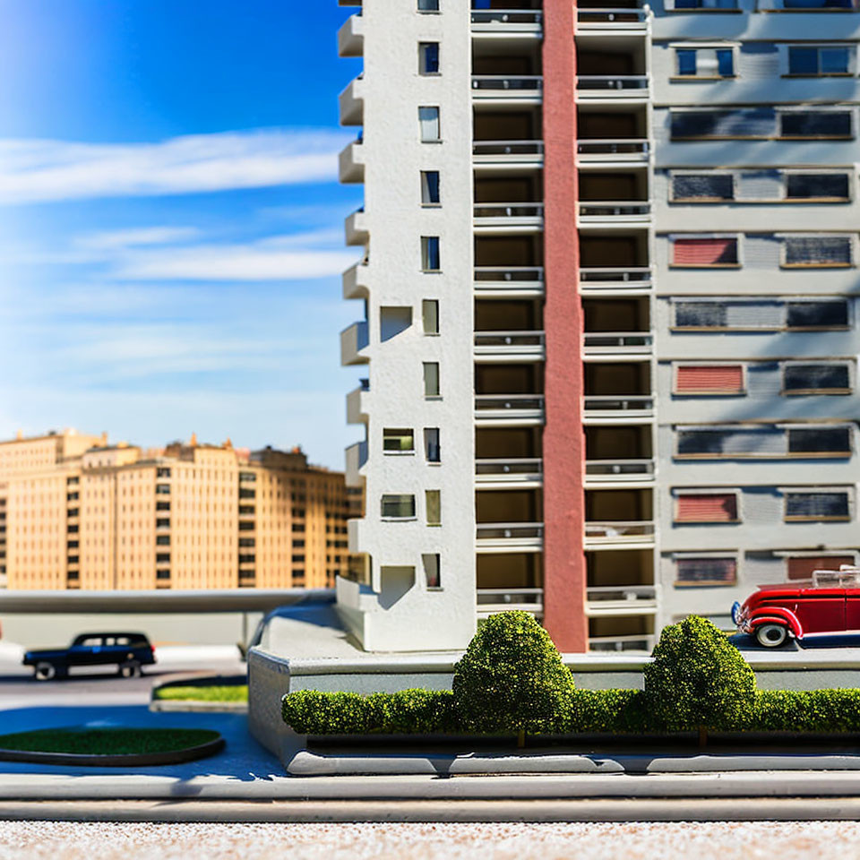 Miniature urban scene with high-rise building, cars, and trees under blue sky