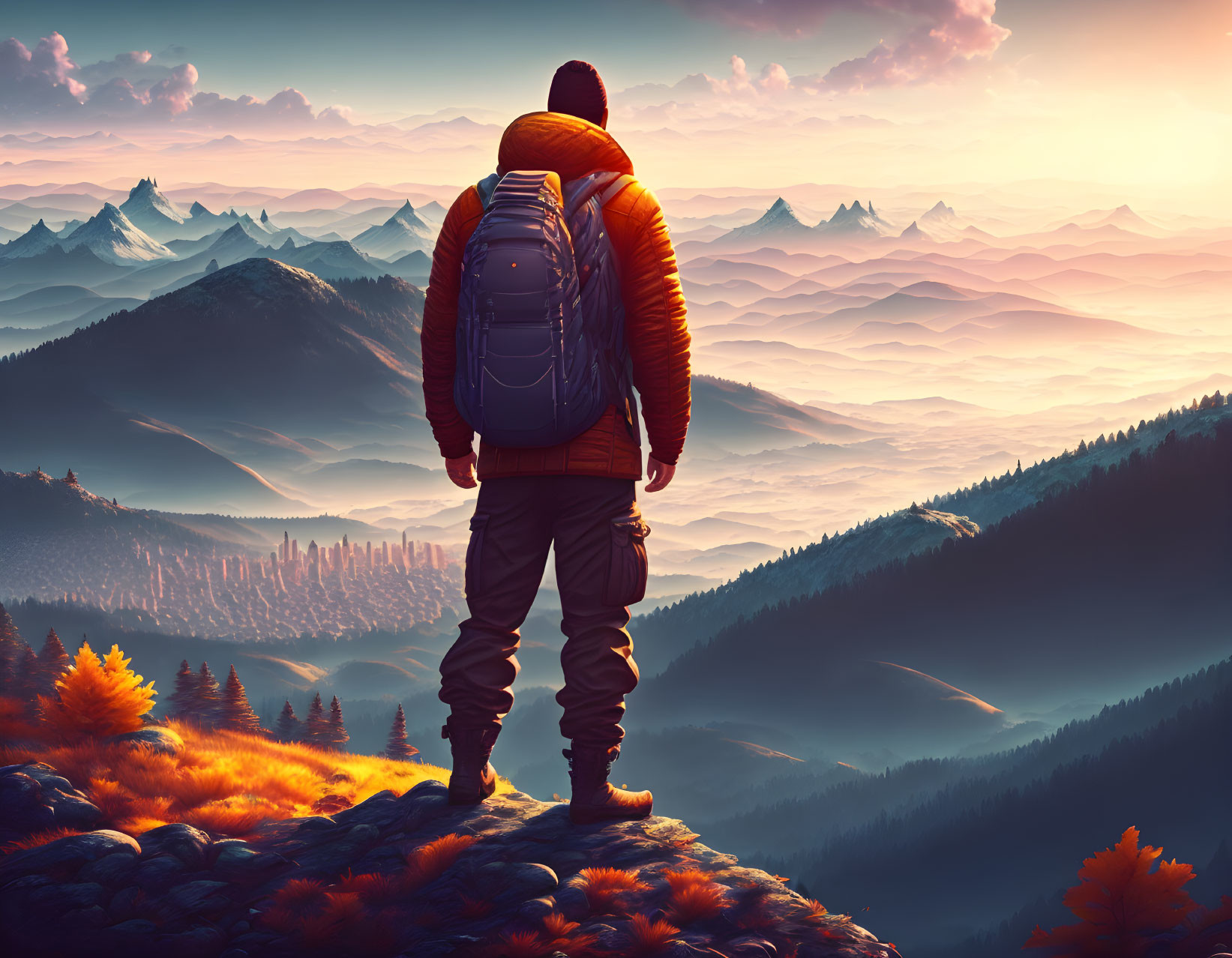 Person in winter jacket on cliff overlooking warm sunset-lit mountain landscape