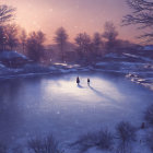 Winter scene: Two people ice skate in snowy dusk landscape