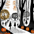 Halloween-themed art: People, pumpkins, sculptures in black and white landscape