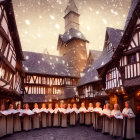 Choir in white robes sings in snow-dusted village square