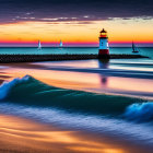 Tranquil sea sunset with lighthouse, birds, sailboats, and silky waves