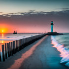 Tranquil beach sunset with lighthouse, birds, boat, and wooden fence