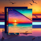 Layered Surreal Beach Sunset Artwork with Birds and Textures