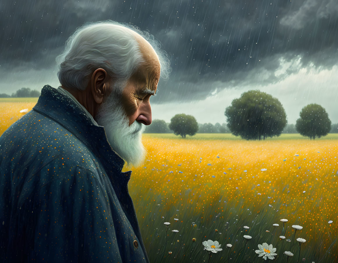 Elderly man with white beard in yellow flower field during rainstorm