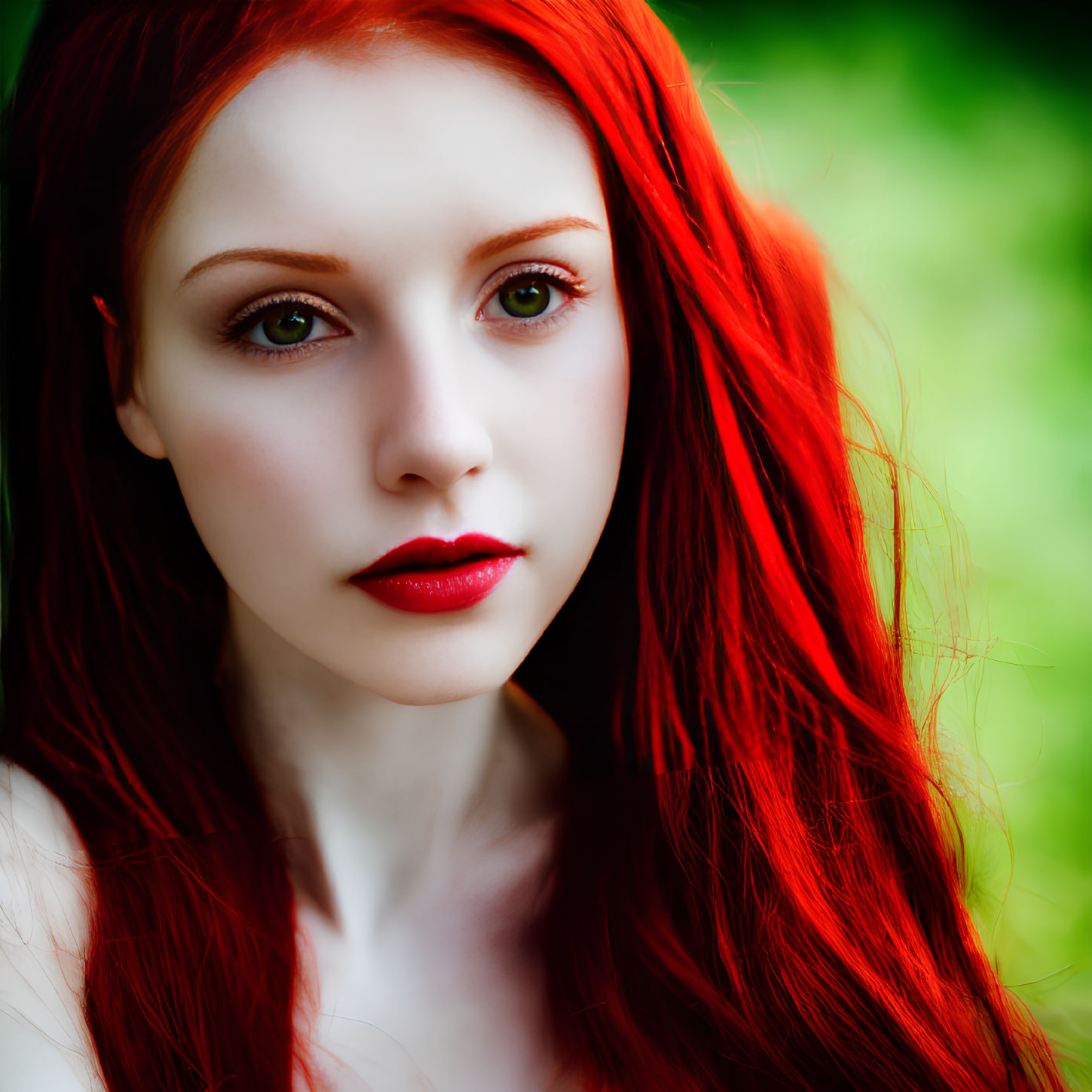 Vibrant red hair and green eyes portrait with red lipstick on blurred green background