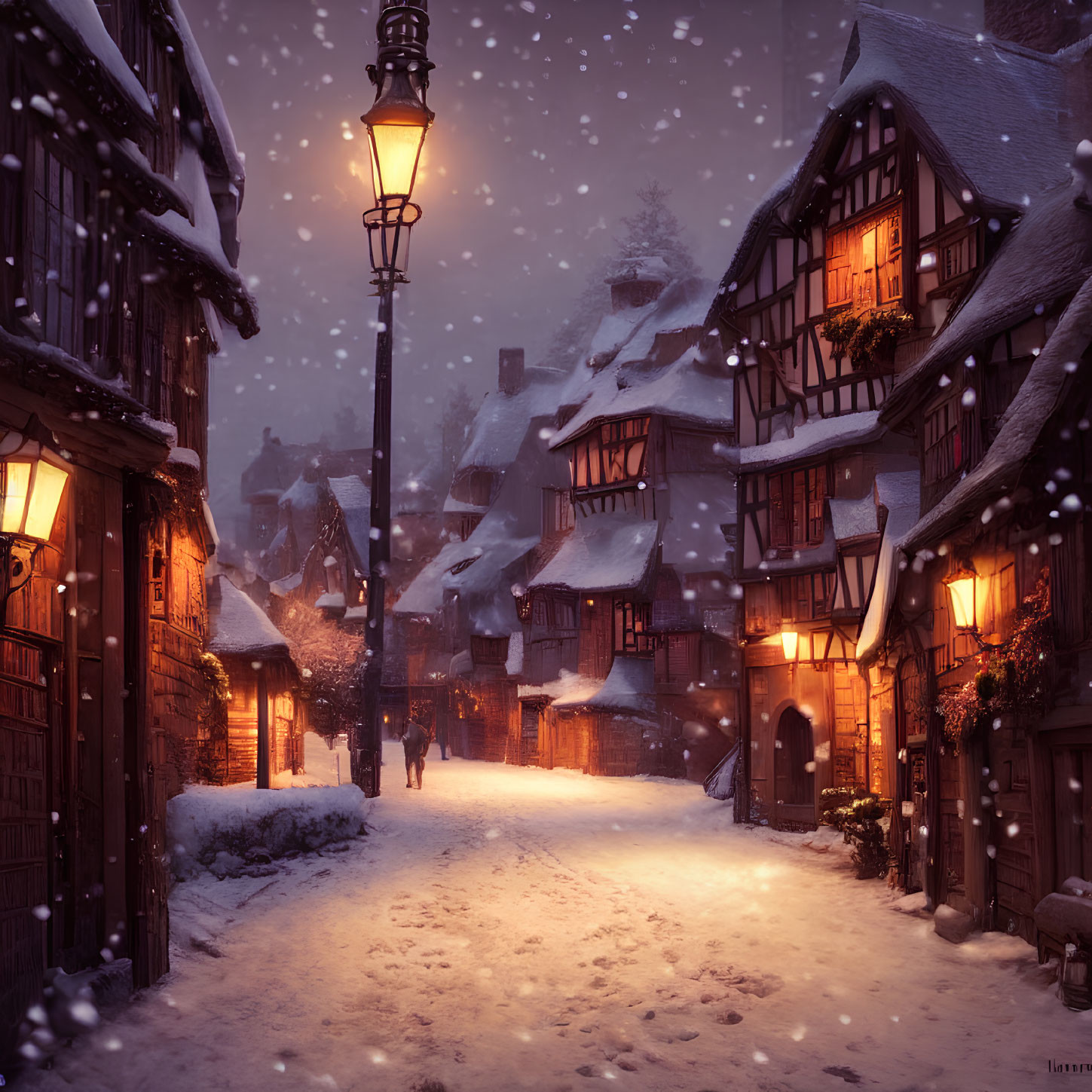 Snow-covered twilight street with glowing windows and streetlamp, person walking.