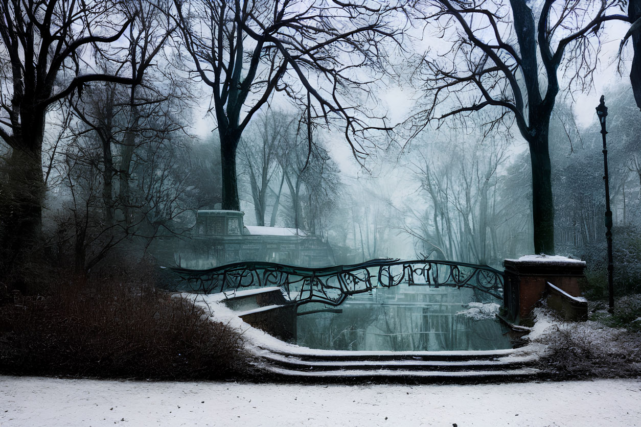 Snowy Park with Graffiti Bridge, Foggy Trees, and Lamp Post