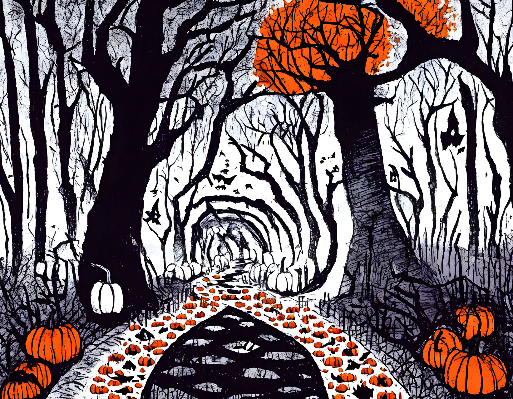 Monochrome spooky forest path with pumpkins, bare trees, and full moon