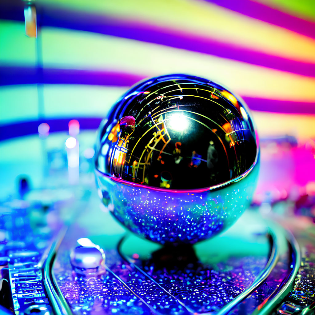 Crystal ball reflecting vibrant laser lights and circuitry for a futuristic tableau