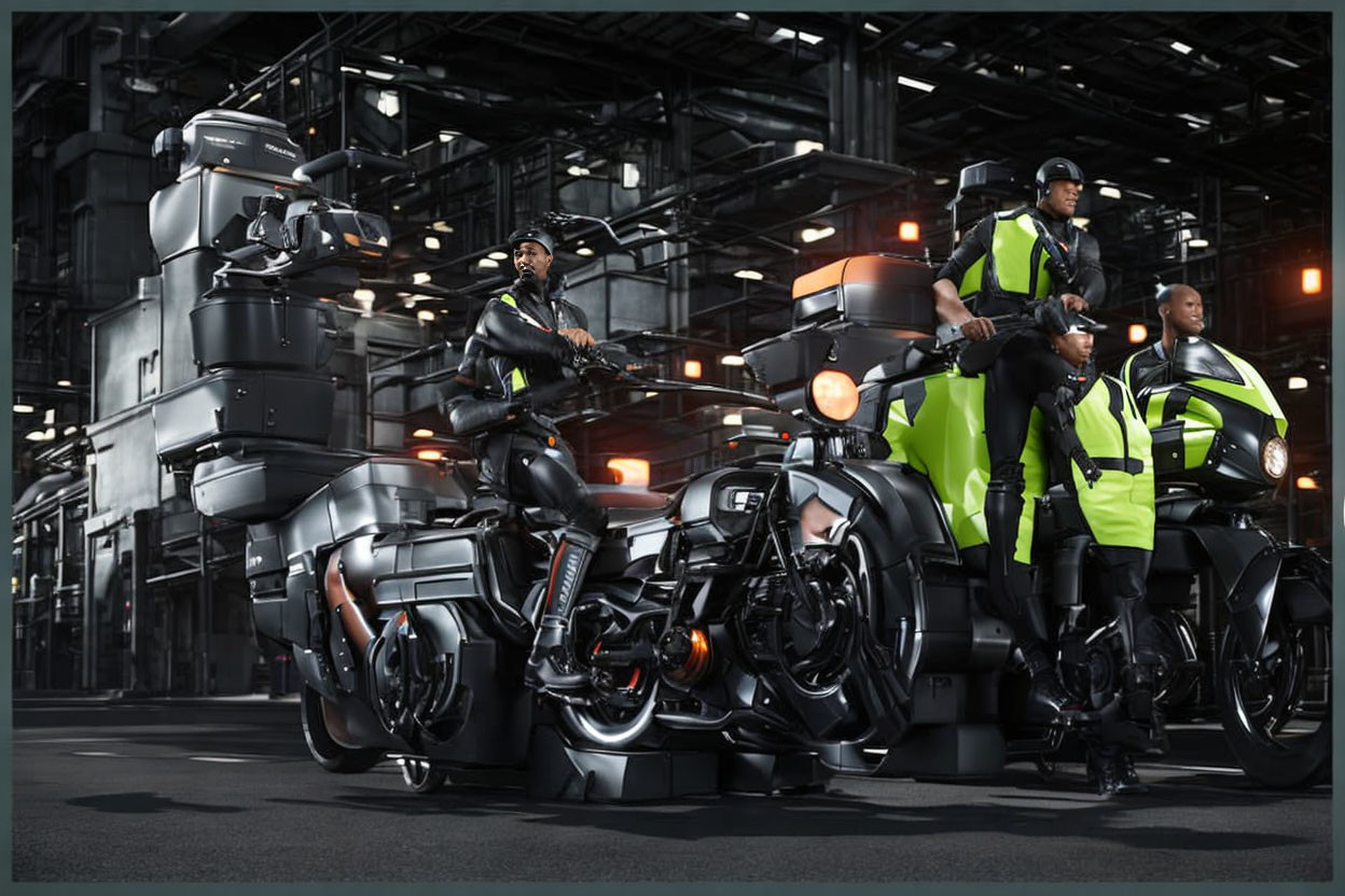 Three motorcyclists in black and neon safety gear on heavy motorcycles against industrial backdrop at night