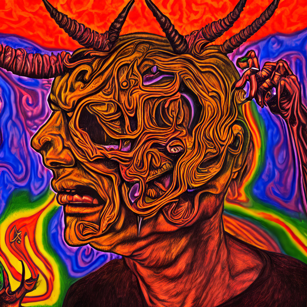 Colorful Psychedelic Artwork: Person with Horn-like Structures in Fiery Background