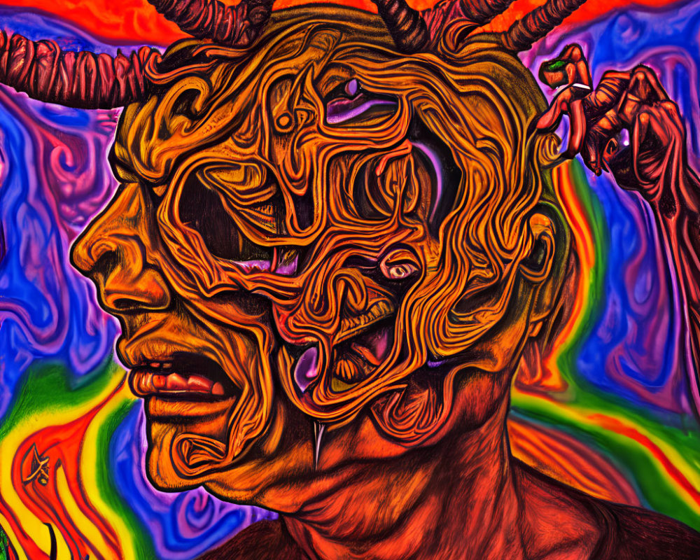 Colorful Psychedelic Artwork: Person with Horn-like Structures in Fiery Background