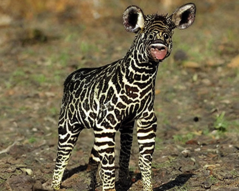 Unusual dark-coated zebra with white stripes on dirt ground.