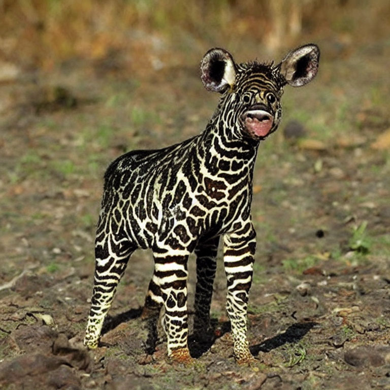 Unusual dark-coated zebra with white stripes on dirt ground.