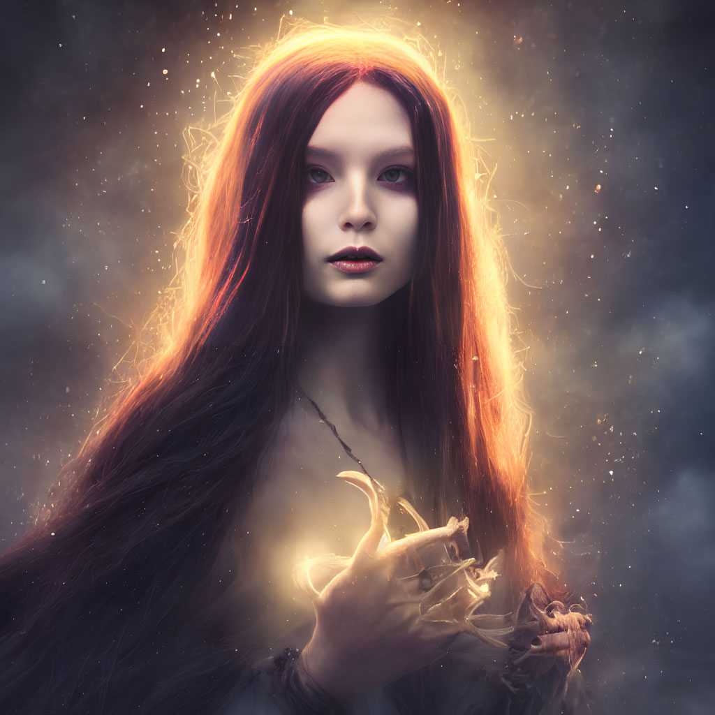 Portrait of woman with red hair in starry nebula, holding glowing branches