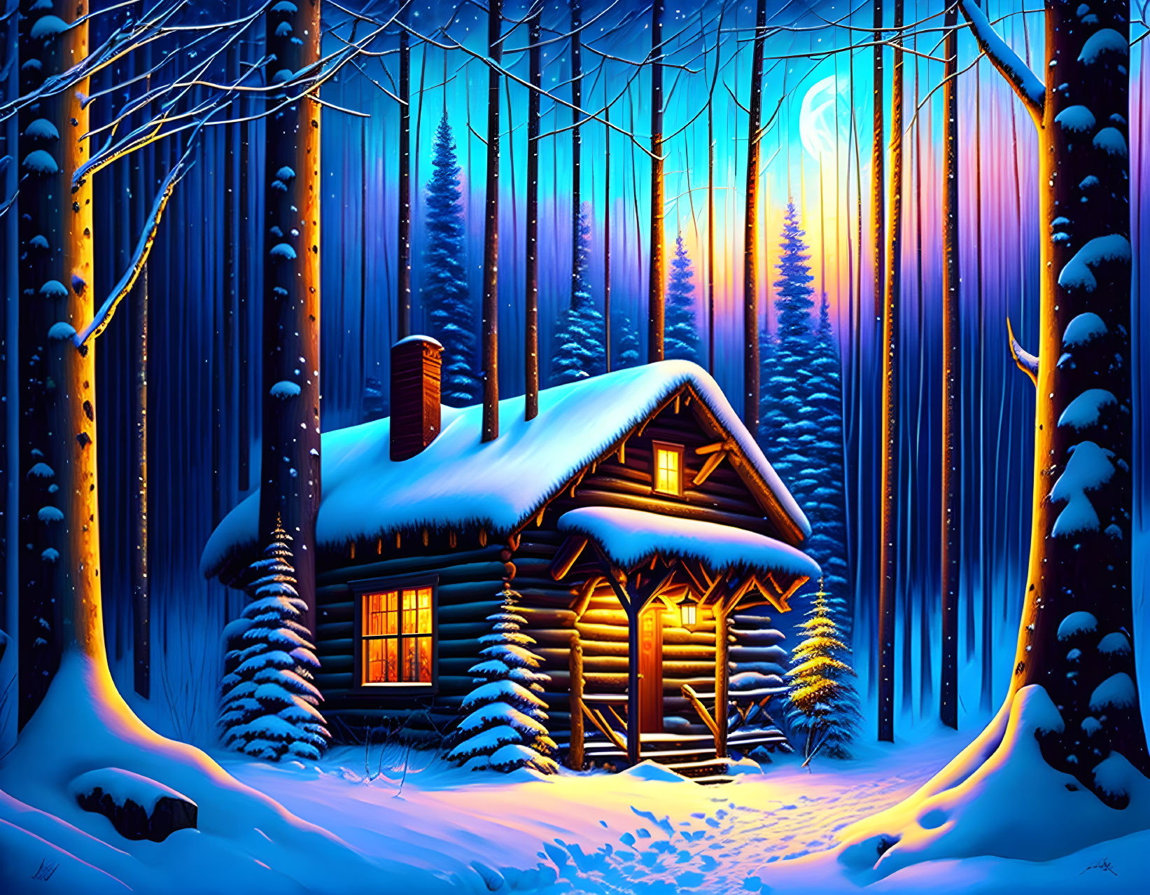 Snowy Forest Log Cabin at Twilight: Cozy, Illuminated Setting