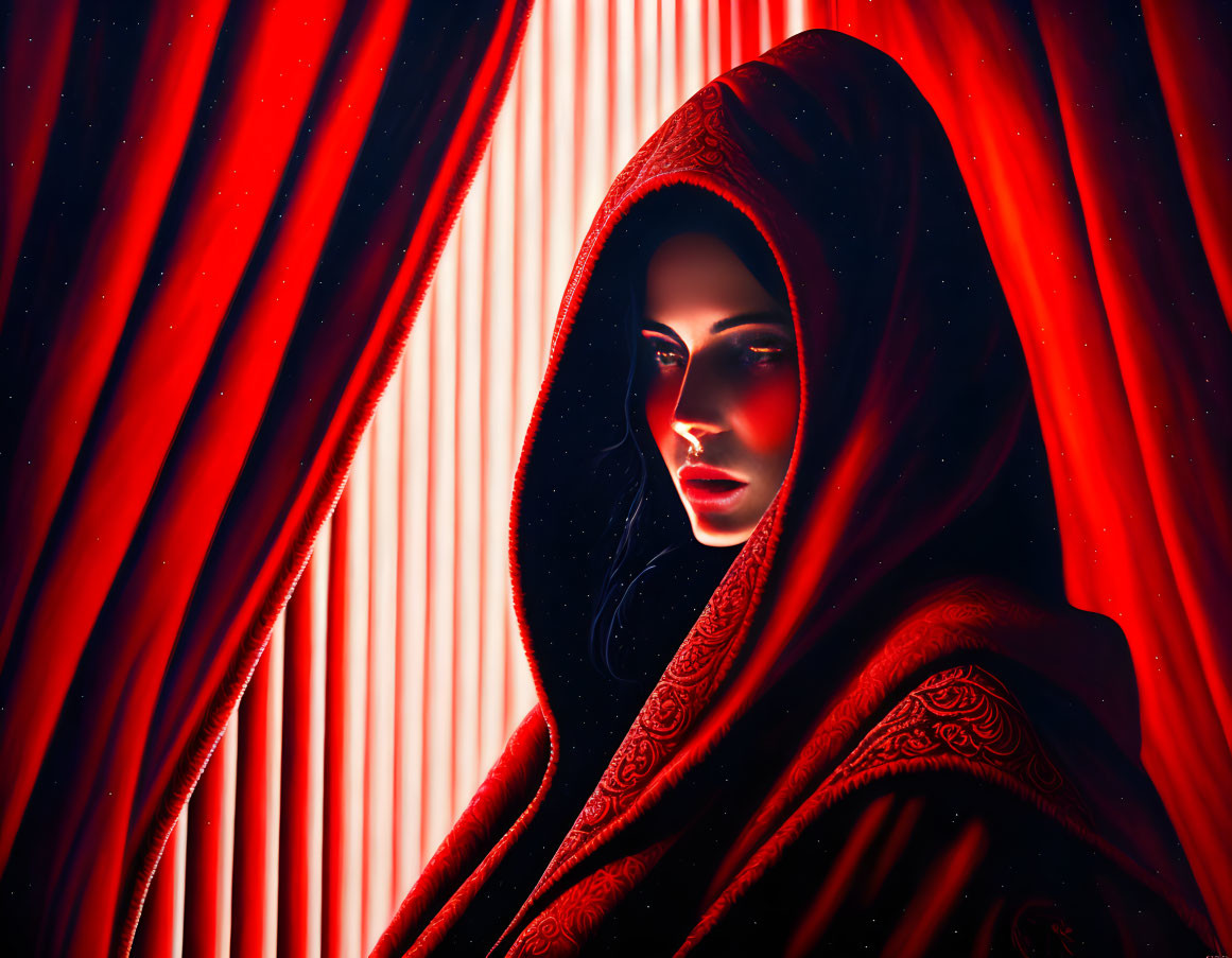 Mysterious Figure in Red Hood Against Striped Background