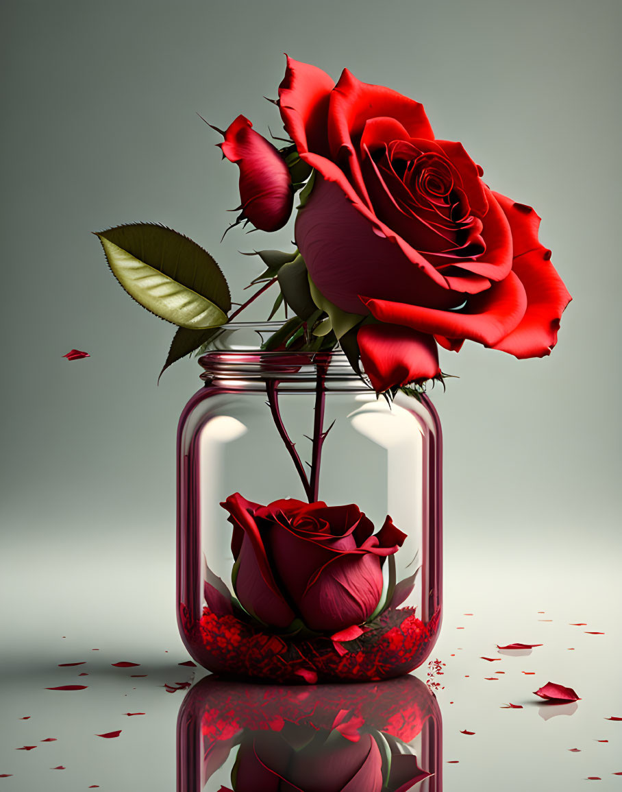 Digital Artwork: Two Red Roses in Glass Jar on Grey Surface