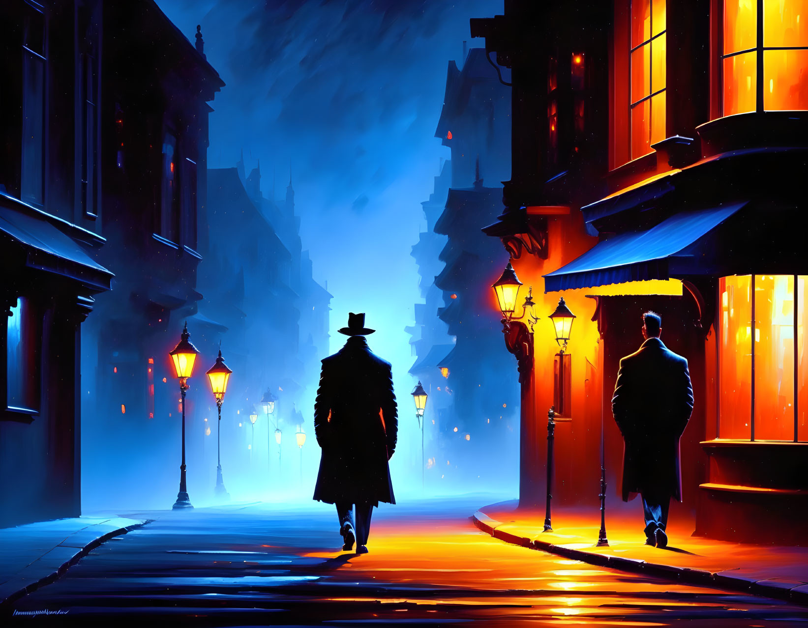 Silhouetted figure walking on vibrant lantern-lit street at night