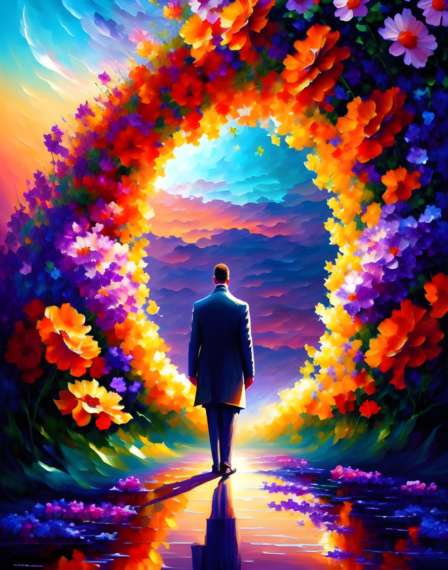 Man in suit at vibrant flower-lined path towards sunlit archway.