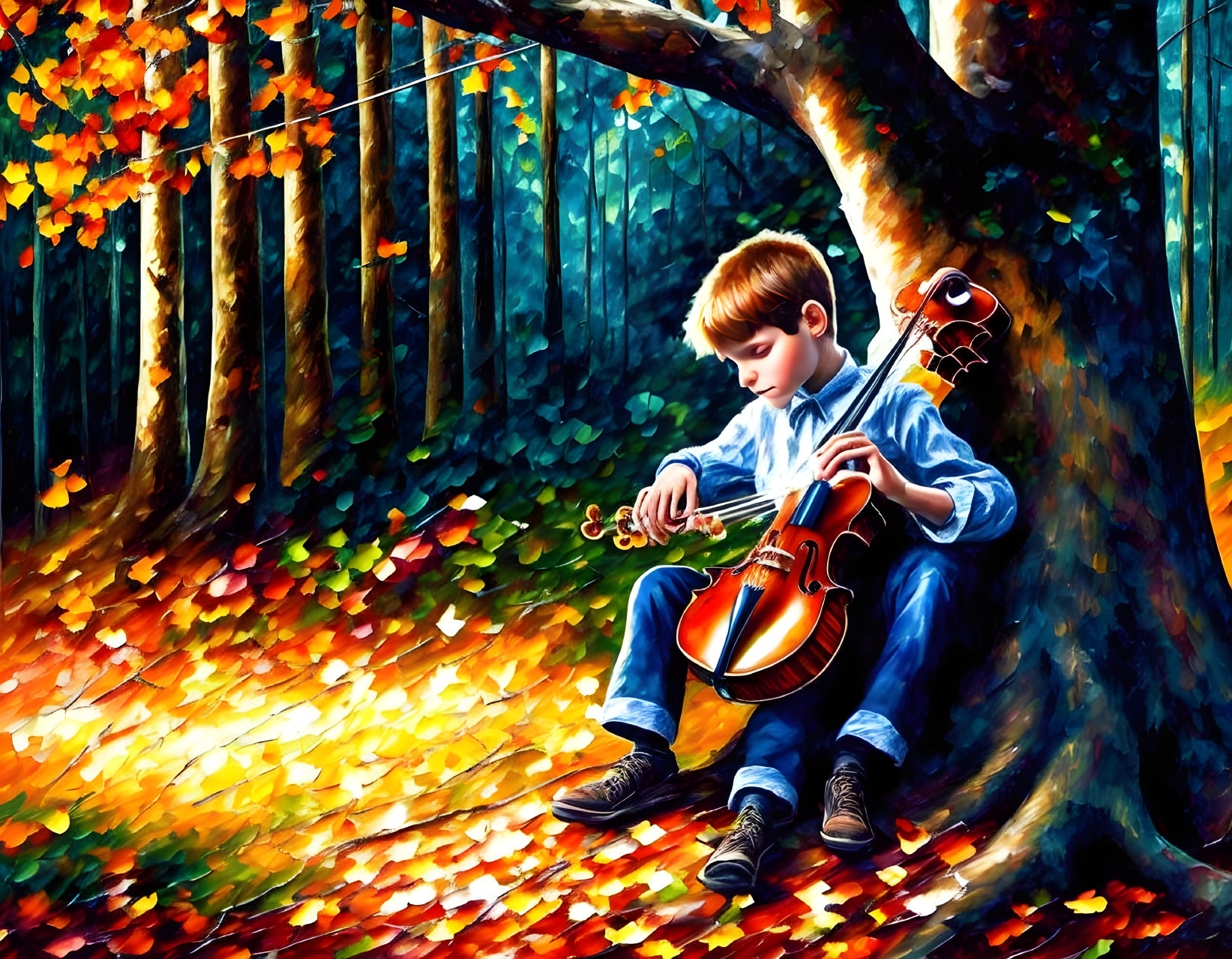 Young boy plays violin under tree in vibrant autumn forest