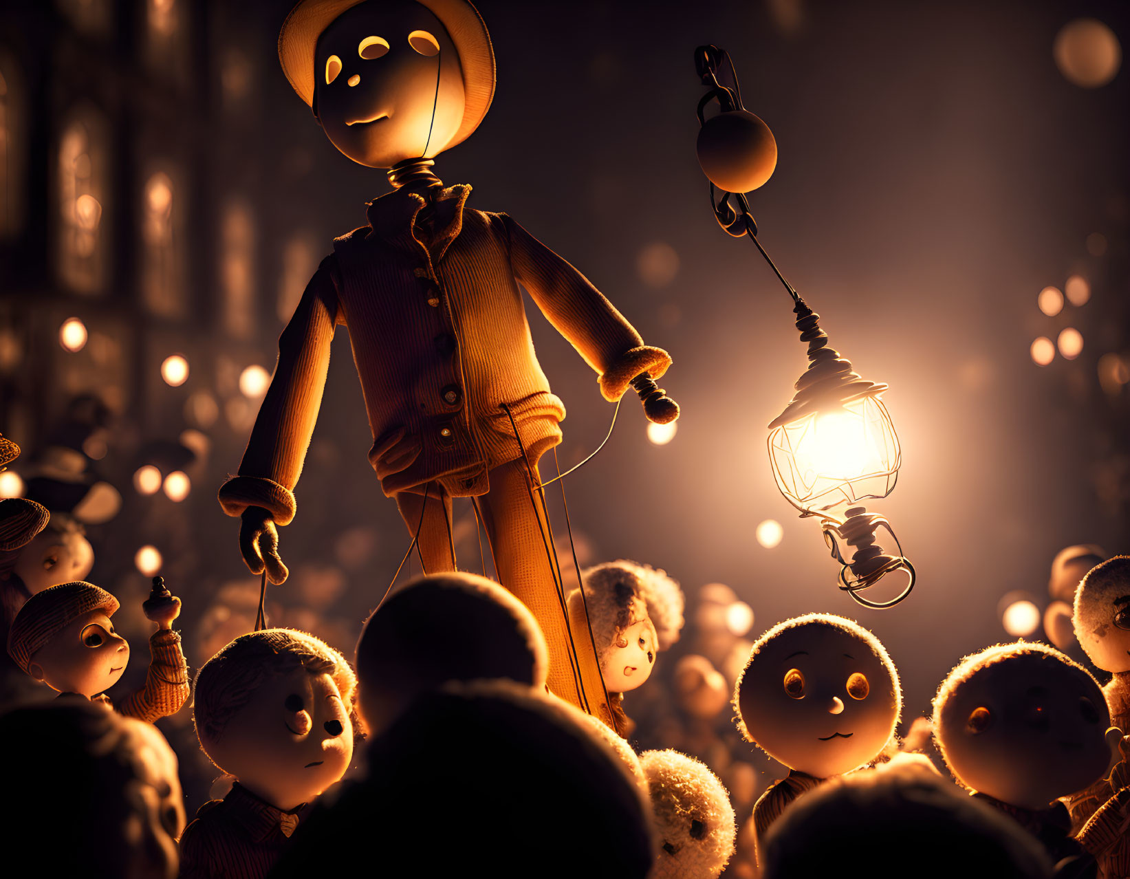 Enchanted puppet characters with lantern-holding figure in warm, glowing scene