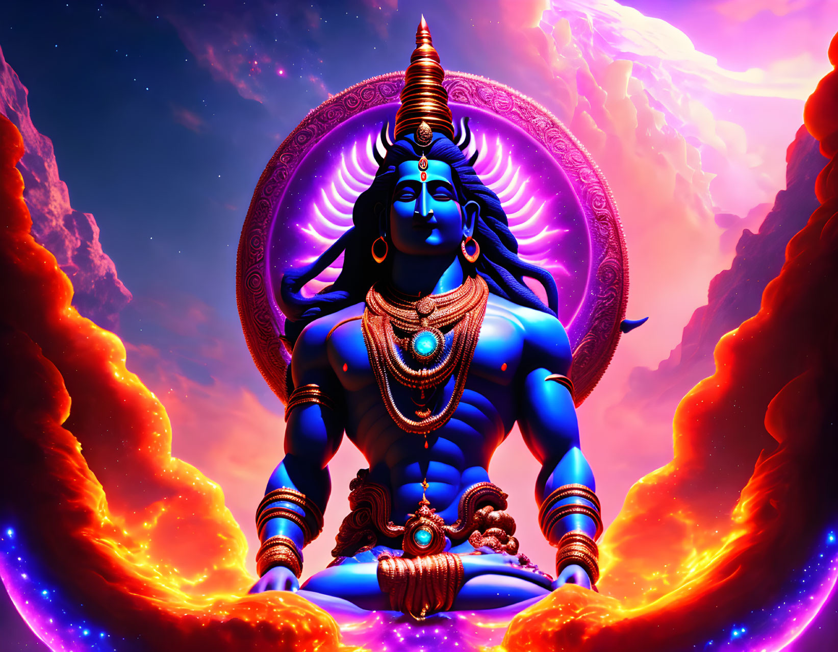 Digital art of a four-armed deity in meditative pose with neon clouds and celestial backdrop