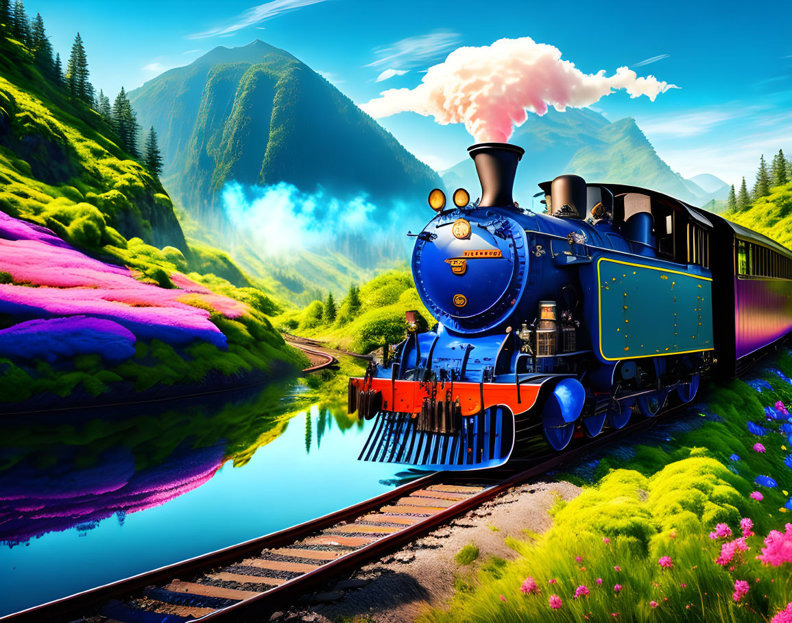 Vintage Blue Steam Locomotive by Riverside Tracks with Mountain Backdrop