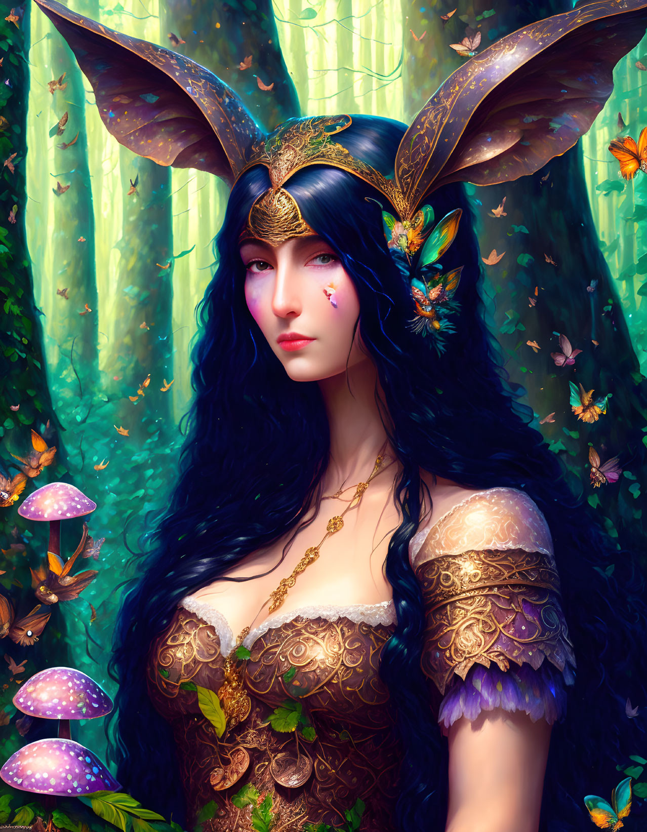 Fantastical female figure with moth-like wings in enchanted forest