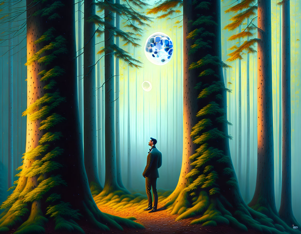 Man in suit gazes at glowing orb with butterflies in misty forest